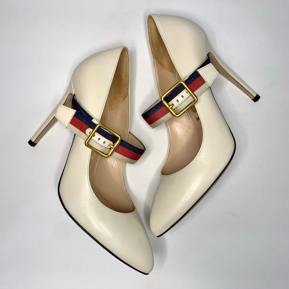 Gucci Malaga Kid/NS Gross Grain Sylvie Pumps Size 37, US 7 Mystic White - Picture 5 of 9